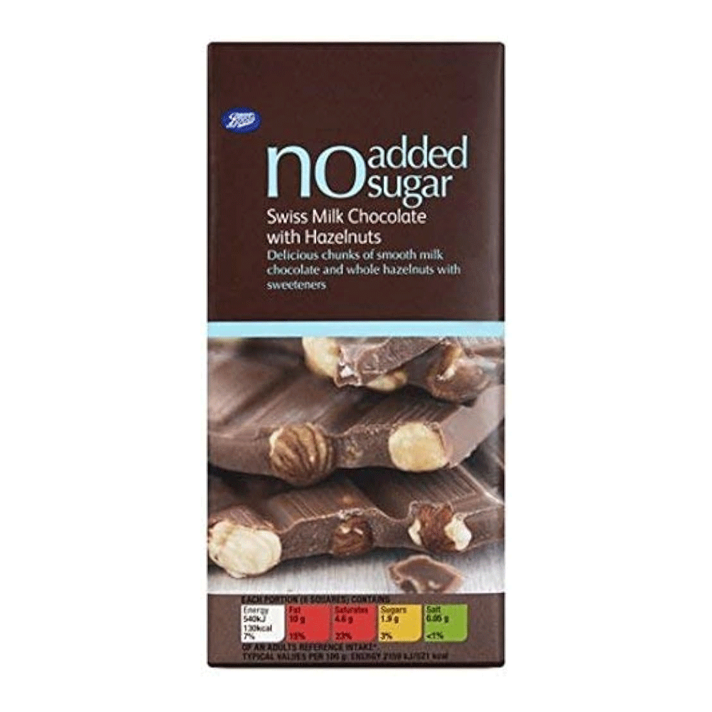 Boots No Added Sugar Swiss Milk Chocolate With Hazelnuts 100g