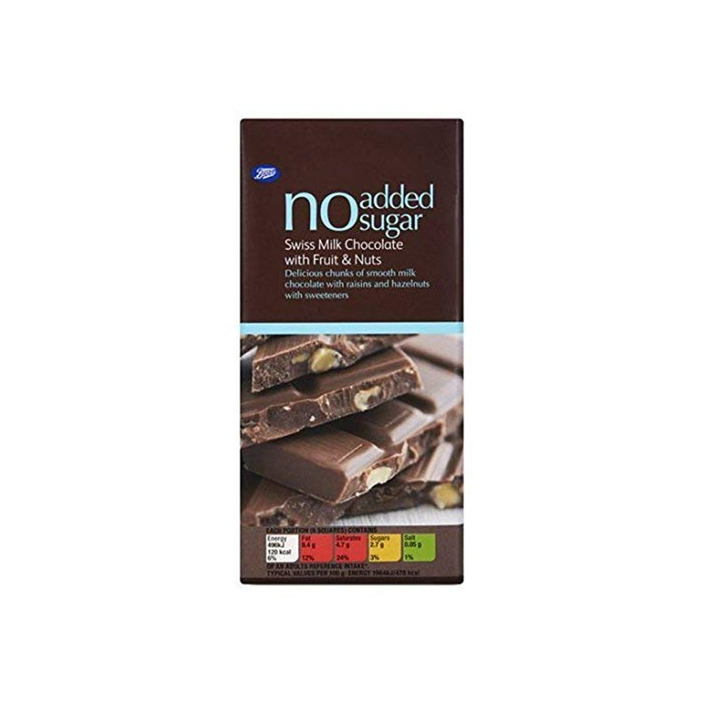 Boots No Added Sugar Swiss Milk Chocolate with Fruit & Nuts 100g