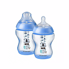 Tommee Tippee Natural Start Decorated Blue Bottles 3m+Med Flow 2x260ml