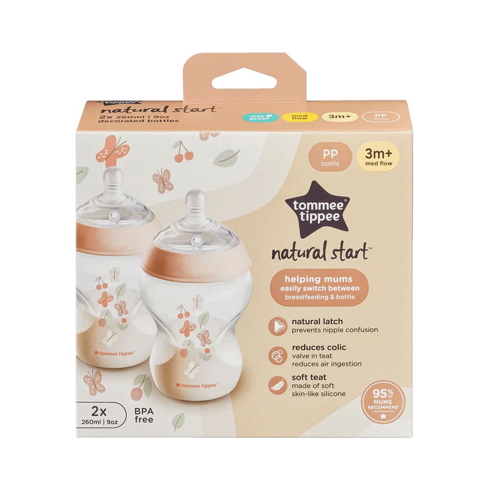 Tommee Tippee Natural Start Decorated Pink Bottles 3m+Med Flow 2x260ml