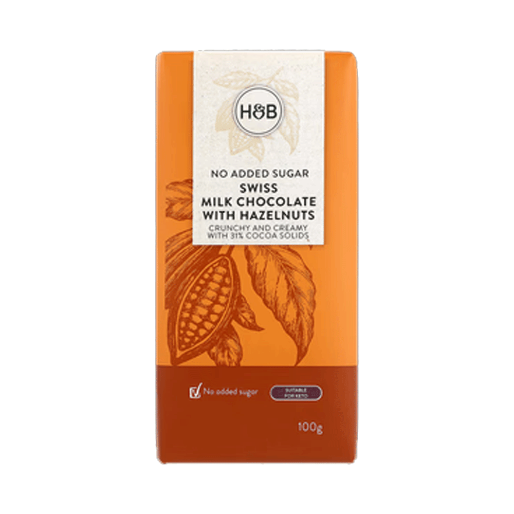 H&B Swiss Milk Chocolate With Hazelnut No Added Sugar 100g