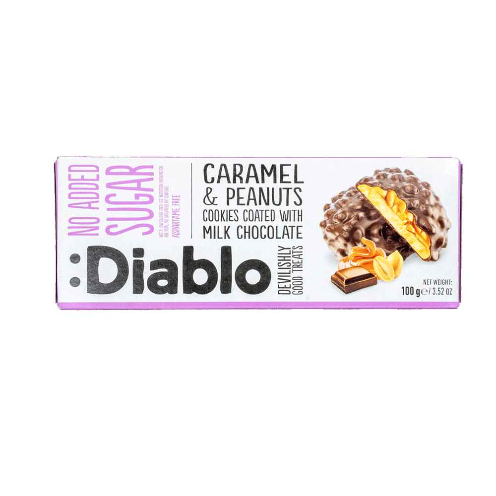Diablo No Added Sugar Caramel & Peanuts Cookies Coated With Milk Chocolate 100g