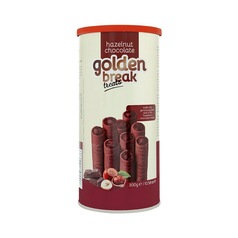 Golden Break Treats Hazelnut Chocolate Wafer Rolls Tin 300g