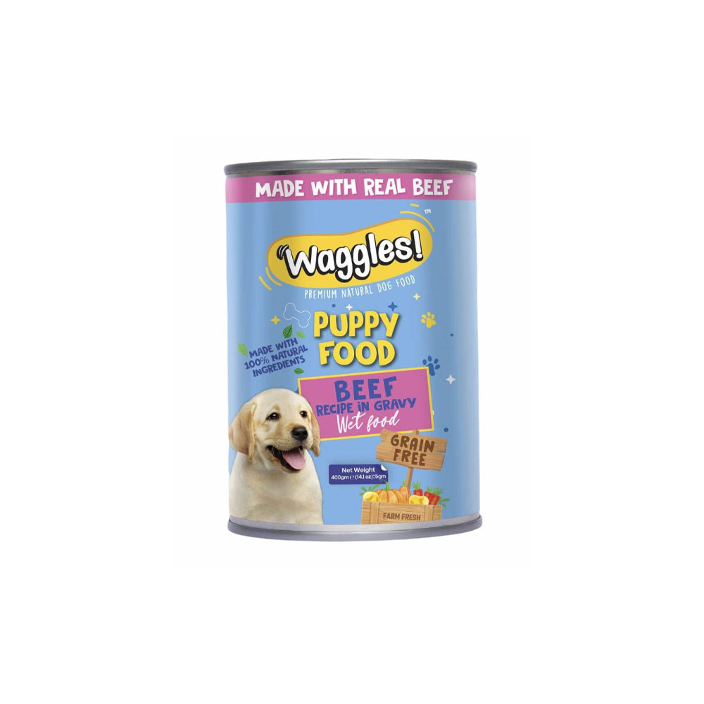 Waggles Puppy Food Beef in Gravy Tin 400gm