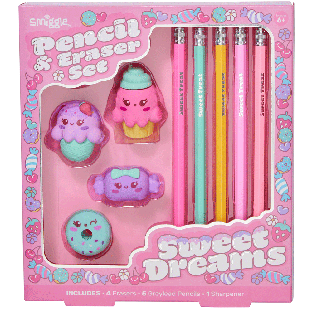 Smiggle Pencil & Eraser Set Sweet Dreams Pink