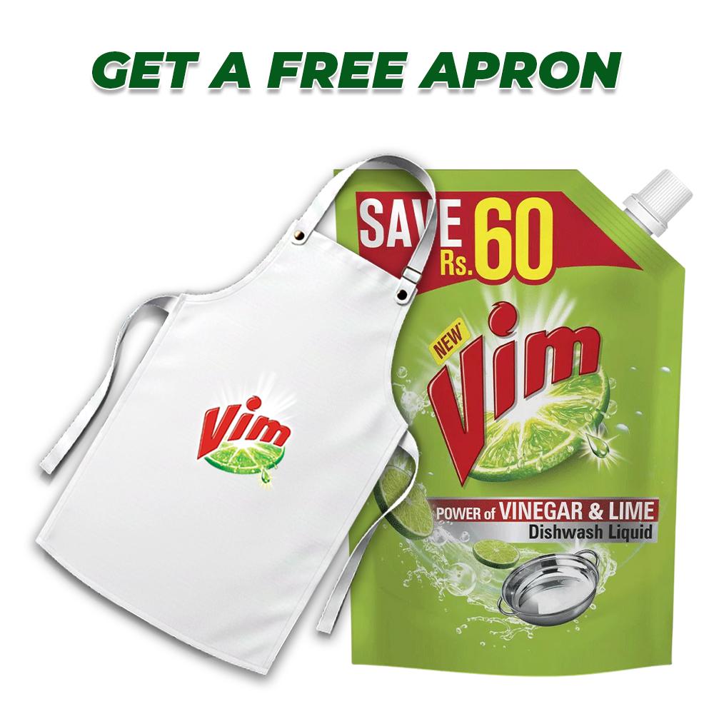 Vim Vinegar & Lime Dishwash Liquid Pouch 750ml + FREE APRON