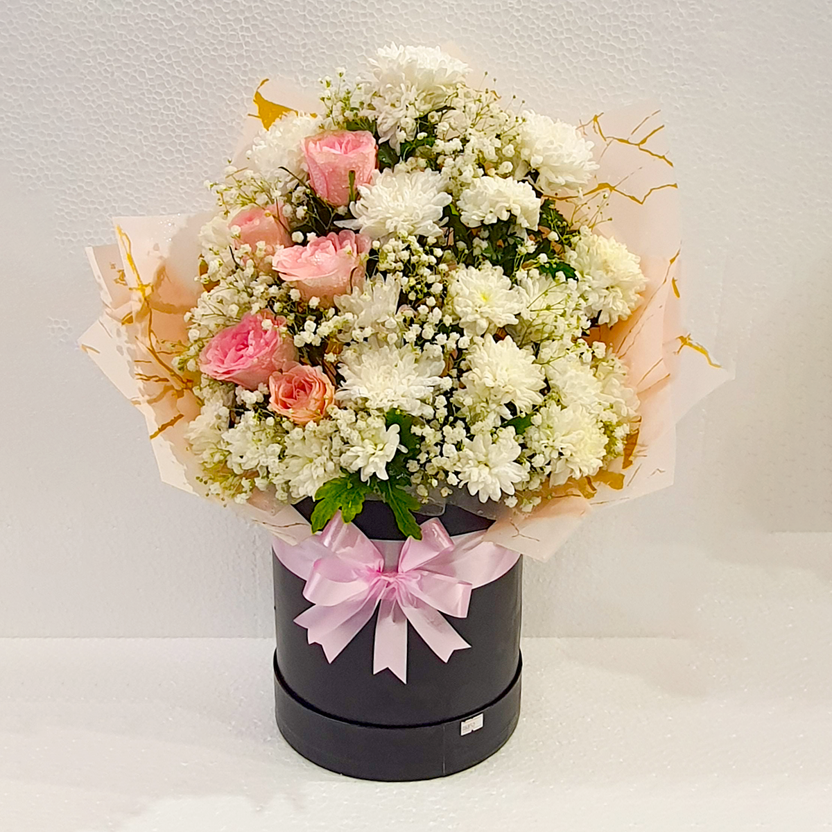 Fresh Chrysanthemum imported roses and baby's-breath Flower box